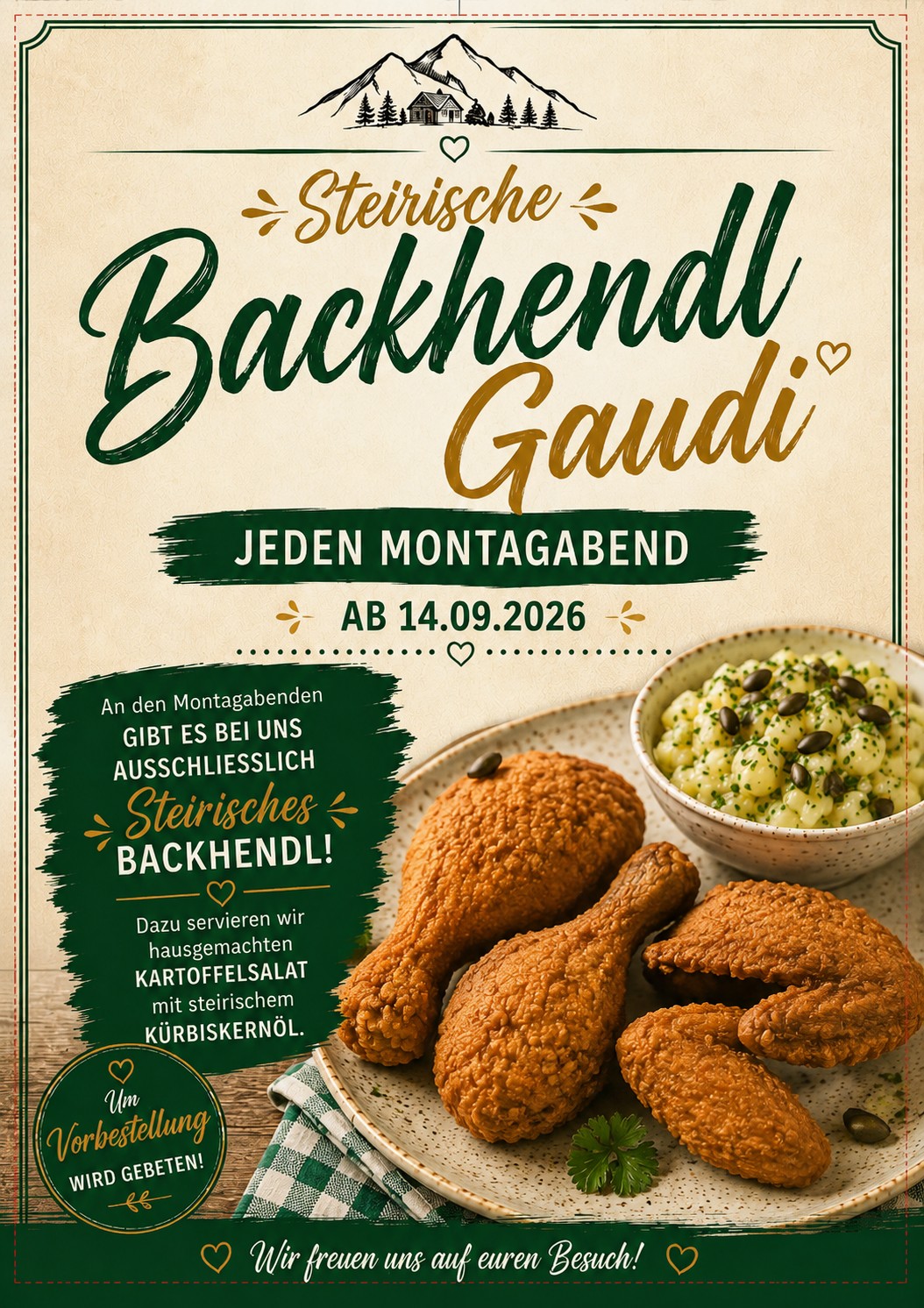 Flyer zum steirischen Backhendl-Montag im Steirer Stüble